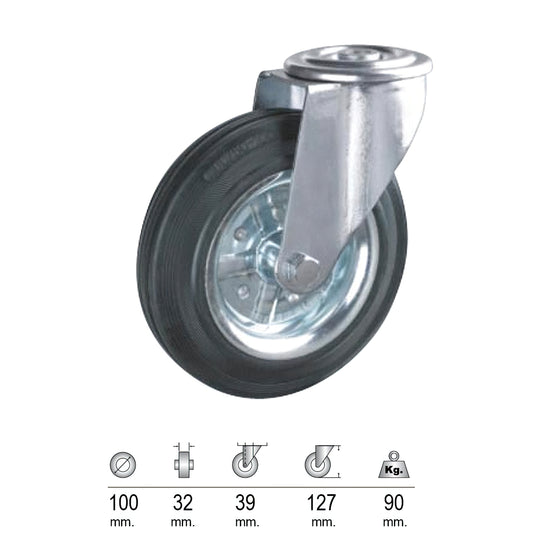 Roda de borracha preta industrial de 100 mm