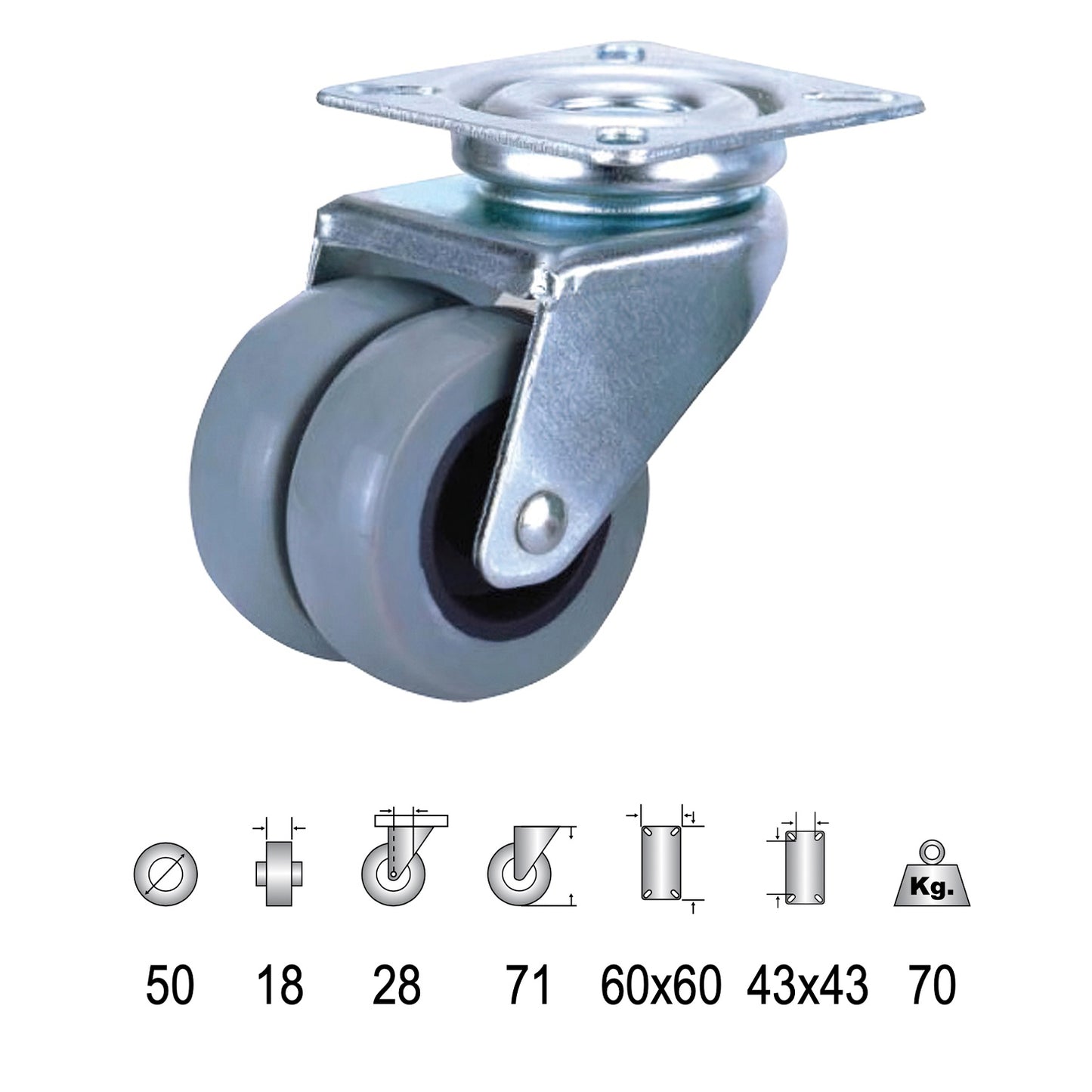 Roda Doméstica Placa Dupla Poliamida Cinza 50mm