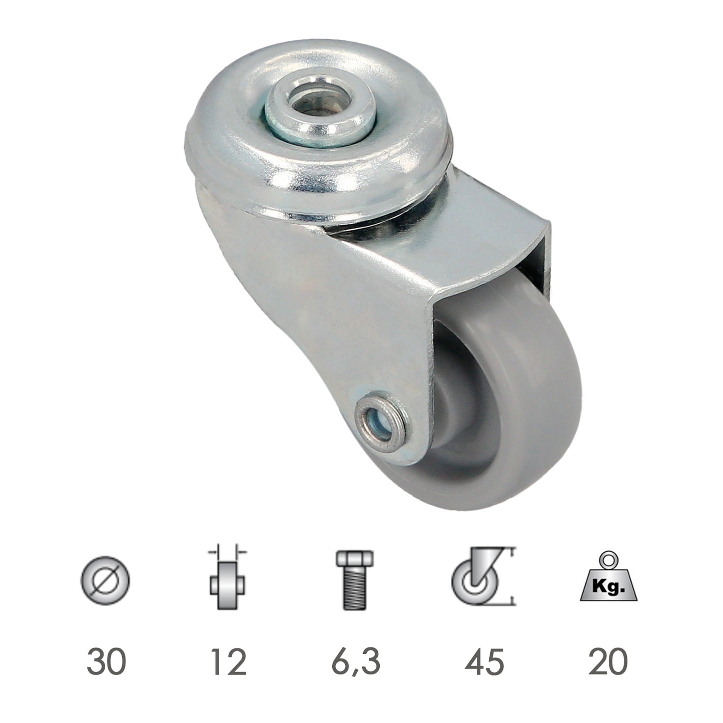 Roda doméstica Ø 30 mm. Furo passante Ø 6,3 mm.