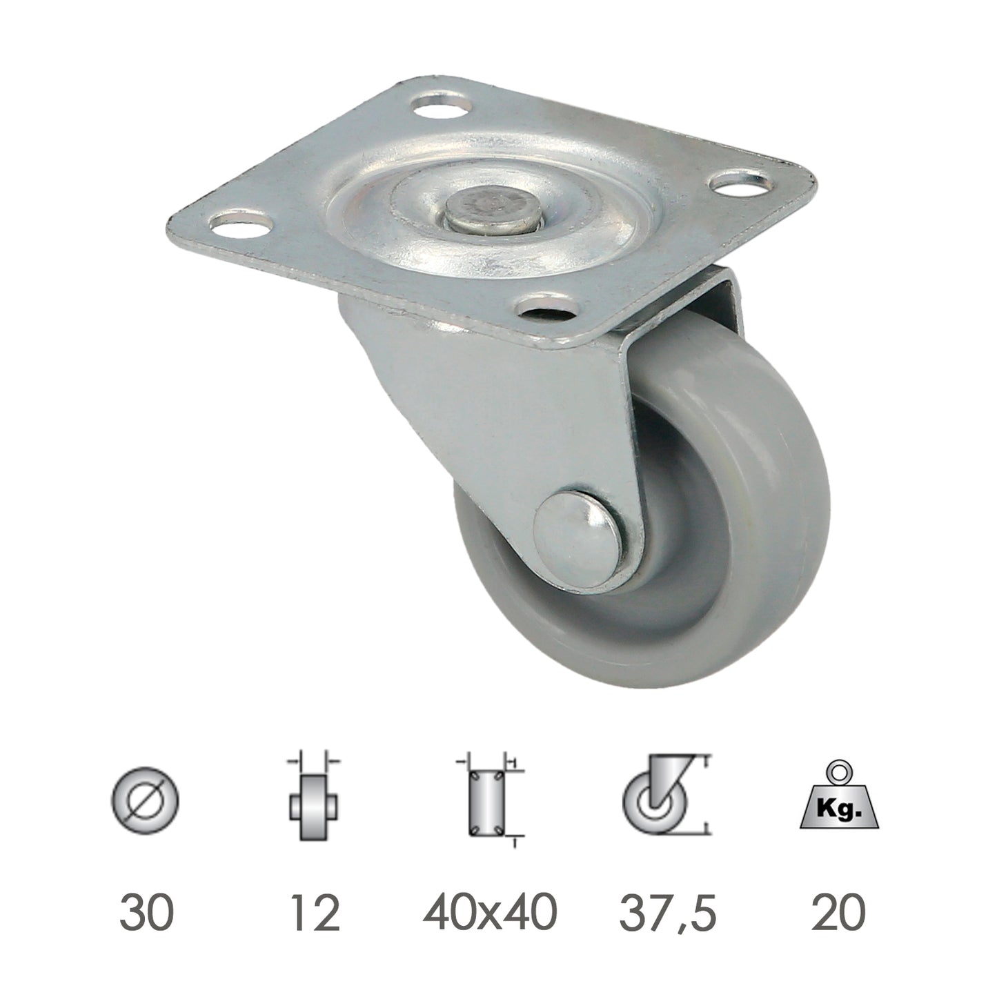 Roda doméstica Ø 30 mm. Com Placa 40x40 mm.