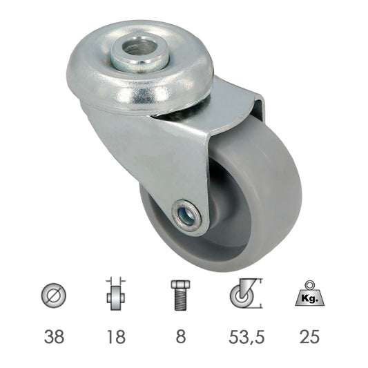 Roda doméstica Ø 38 mm. Furo passante Ø 8 mm.