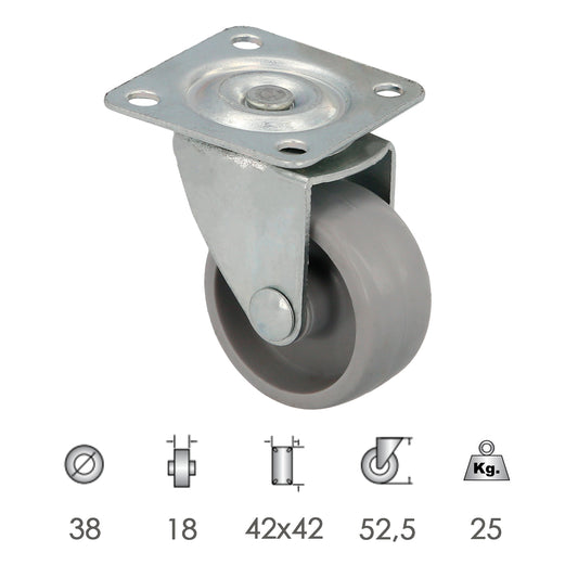 Roda doméstica Ø 38 mm. Com Placa 42x42 mm.