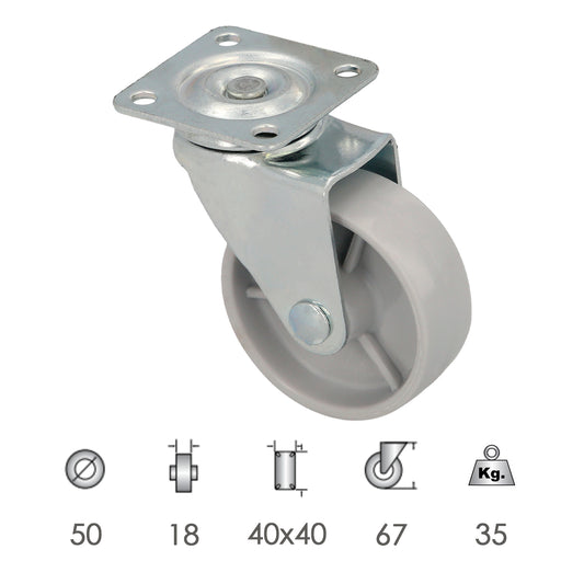 Roda doméstica Ø 50 mm. Com Placa 40x40 mm.