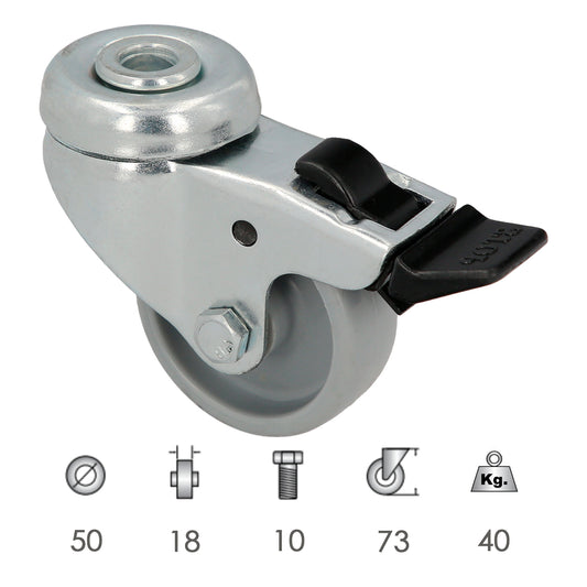 Roda doméstica Ø 50 mm. Furo passante Ø 10 mm. Com freio