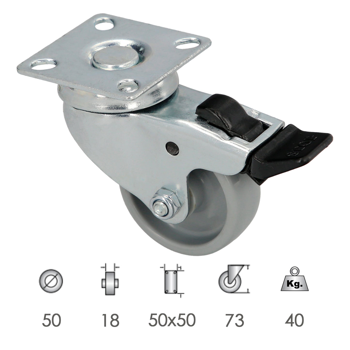 Roda doméstica Ø 50 mm. Com Placa 50x50 mm. Com freio