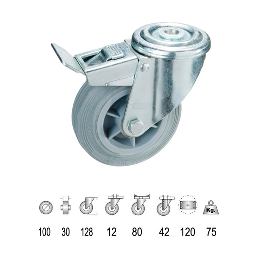 Roda Industrial Cinza Passante em Borracha com freio 100 mm.