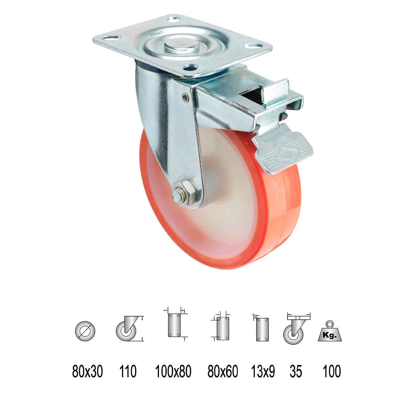 Roda Industrial Placa de Poliuretano com freio 80 mm.