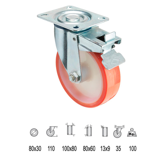 Roda Industrial Placa de Poliuretano com freio 80 mm.