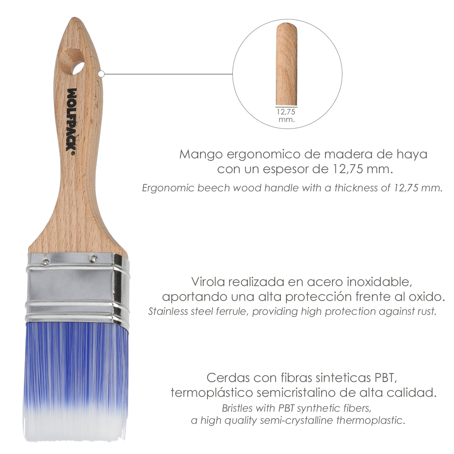 Paletina Profesional Plus Ancho 40 mm. Cerdas Sintenticas PBT, Mango Madera Haya Ergonomico, Brocha Pintor, Pincel Pintura