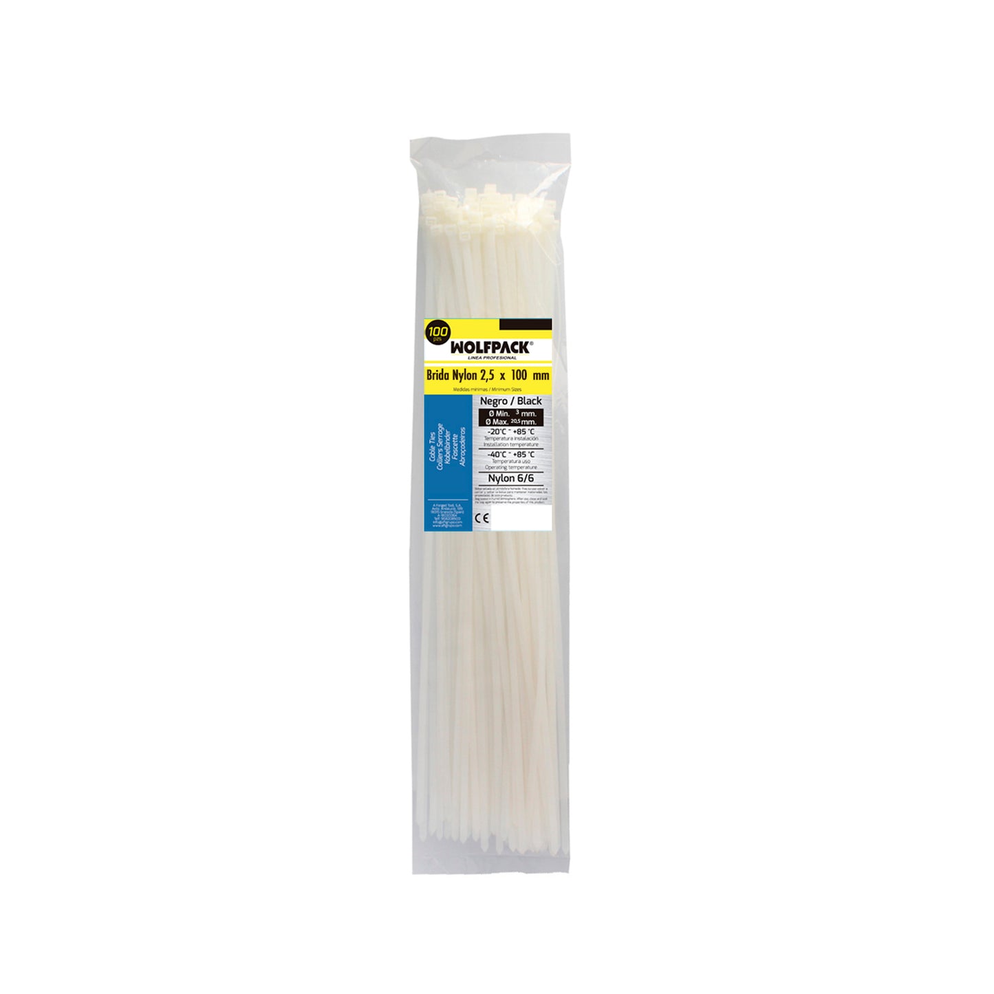 Brida Nylon 100%. Color Blanco / Natural 2,5 x 100 mm. 100 Piezas. Abrazadera Plastico, Organizador Cables, Alta Resistencia