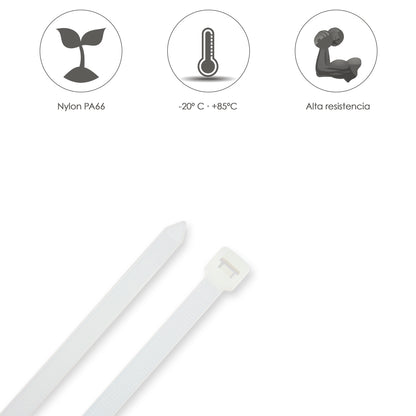 Brida Nylon 100%. Color Blanco / Natural 3,5 x 200 mm. 100 Piezas. Abrazadera Plastico, Organizador Cables, Alta Resistencia