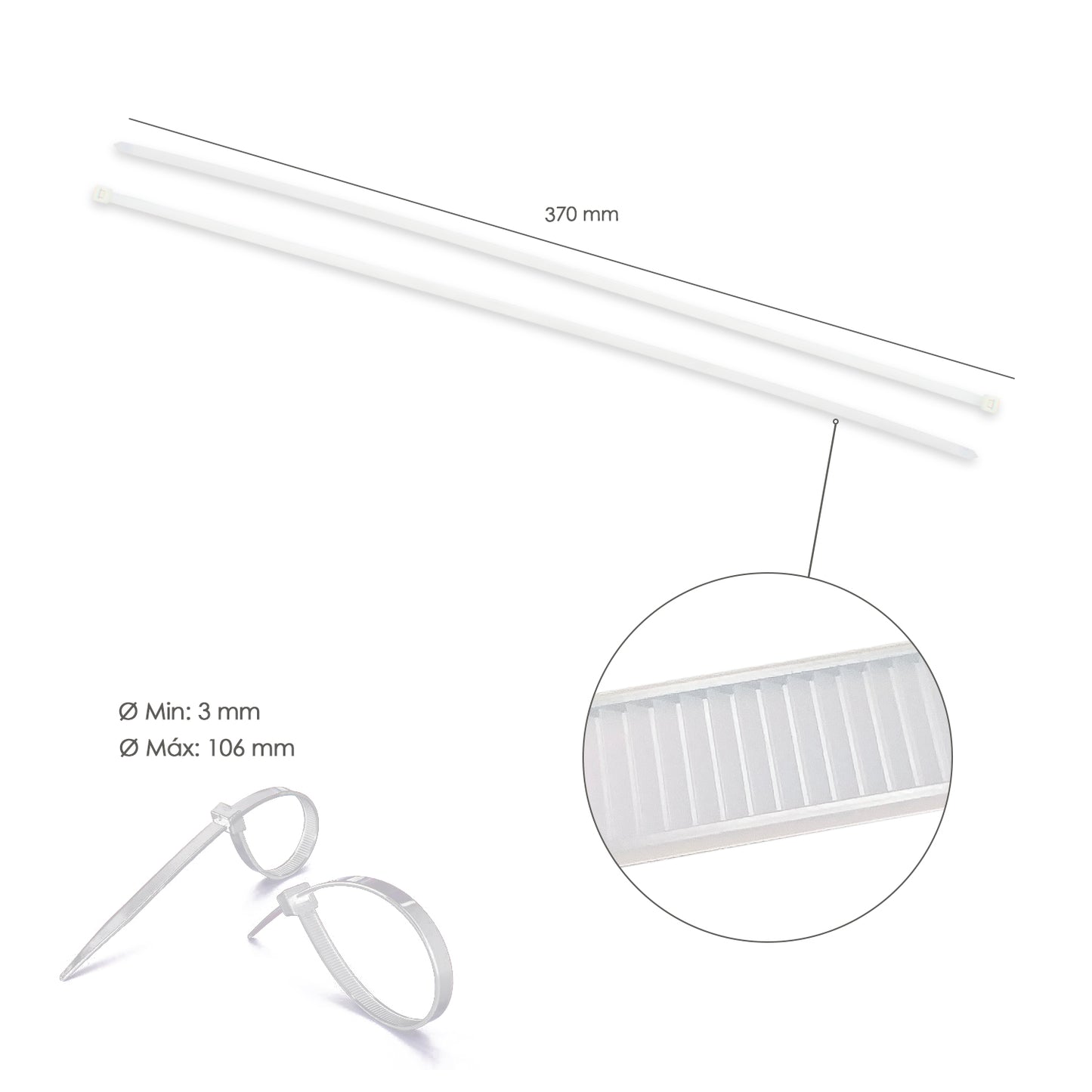 Cabeçada 100% Nylon. Cor Branco / Natural 3,6 x 370 mm. 100 pedaços. Braçadeira Plástica, Organizador de Cabos, Alta Resistência
