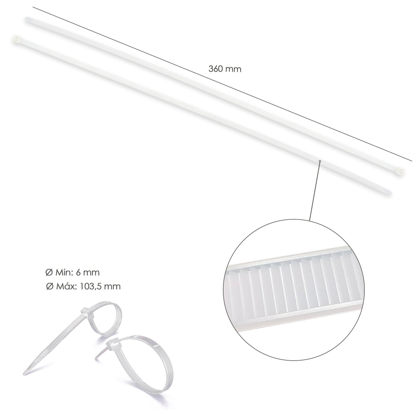 Cabeçada 100% Nylon. Cor Branco / Natural 7,5 x 360 mm. 100 pedaços. Braçadeira Plástica, Organizador de Cabos, Alta Resistência