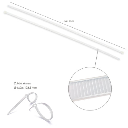 Cabeçada 100% Nylon. Cor Branco / Natural 7,5 x 360 mm. 100 pedaços. Braçadeira Plástica, Organizador de Cabos, Alta Resistência