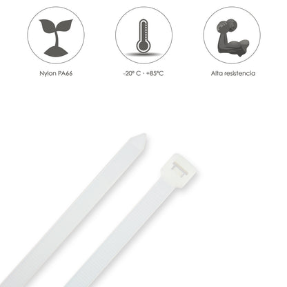 Cabeçada 100% Nylon. Cor Branco / Natural 7,5 x 360 mm. 100 pedaços. Braçadeira Plástica, Organizador de Cabos, Alta Resistência