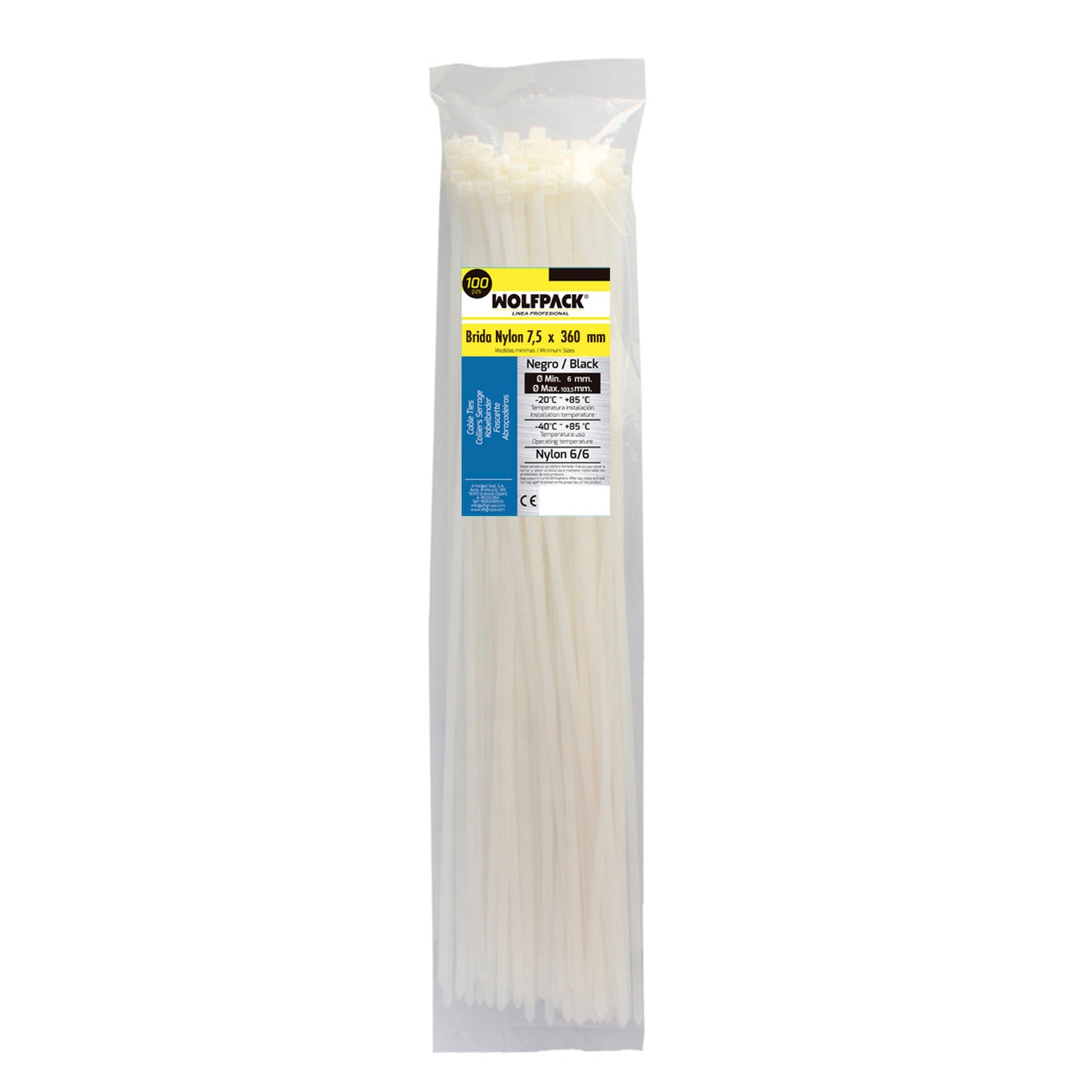 Cabeçada 100% Nylon. Cor Branco / Natural 7,5 x 360 mm. 100 pedaços. Braçadeira Plástica, Organizador de Cabos, Alta Resistência