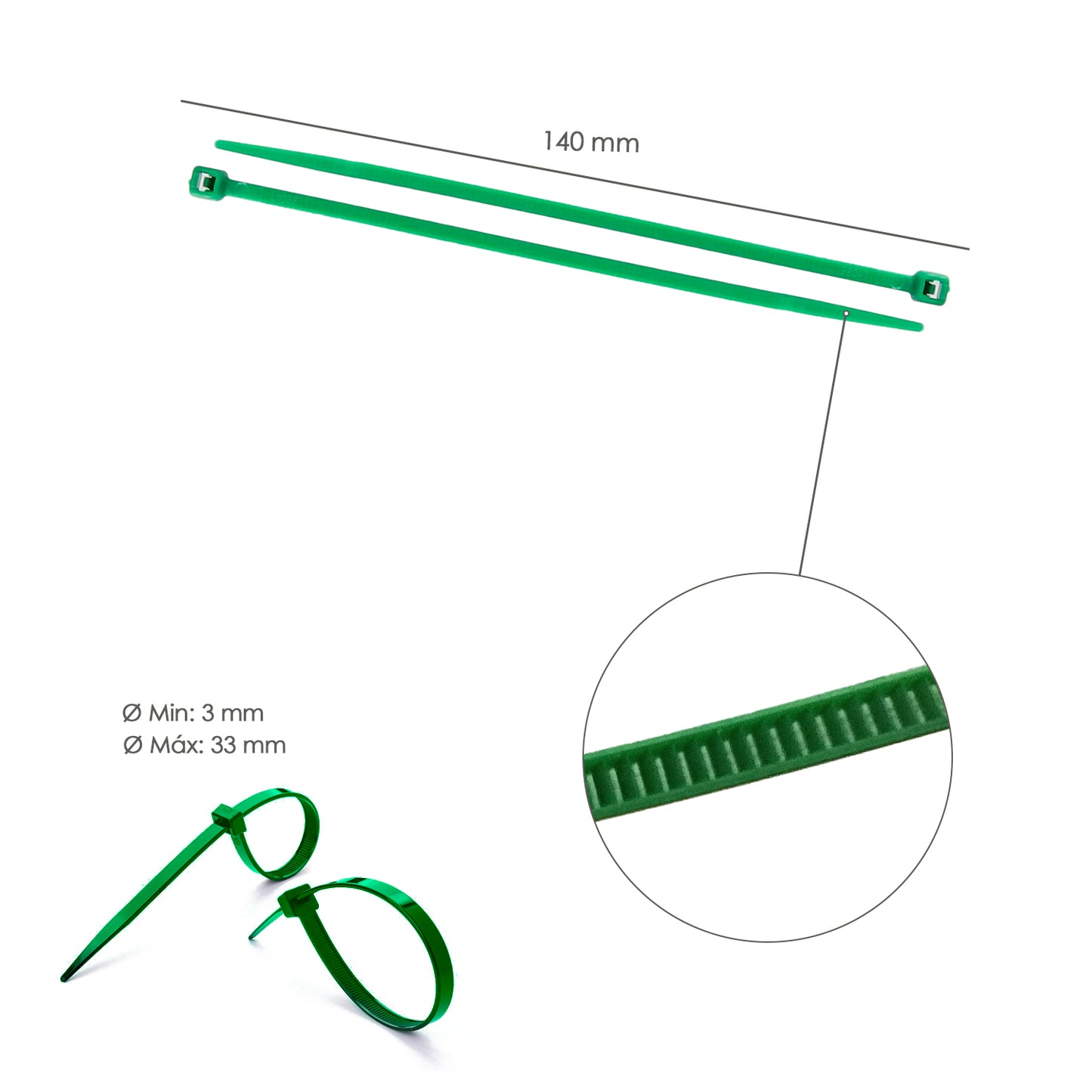 Cabeçada 100% Nylon. Cor verde 3,6 x 140 mm. Bolsa 100 Unidades. Braçadeira Plástica, Organizador de Cabos, Alta Resistência