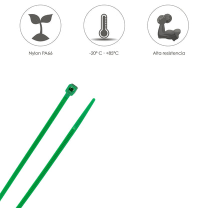 Cabeçada 100% Nylon. Cor verde 3,6 x 140 mm. Bolsa 100 Unidades. Braçadeira Plástica, Organizador de Cabos, Alta Resistência
