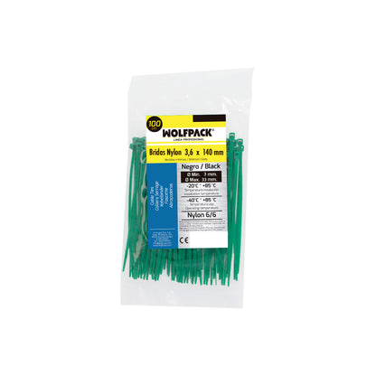 Cabeçada 100% Nylon. Cor verde 3,6 x 140 mm. Bolsa 100 Unidades. Braçadeira Plástica, Organizador de Cabos, Alta Resistência