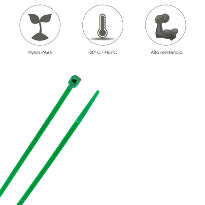 Brida Nylon 100%. Color Verde 4,6 x 300 mm. Bolsa 100 Unidades. Abrazadera Plastico, Organizador Cables, Alta Resistencia