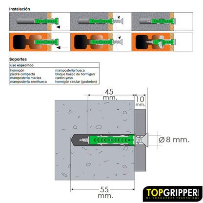 Taco Topgripper Bimaterial Ø 8 mm. (Caja 100 unidades) Taco Anclaje Universal, Taco Hormigon, Taco Pladur, Taco Ladrillo