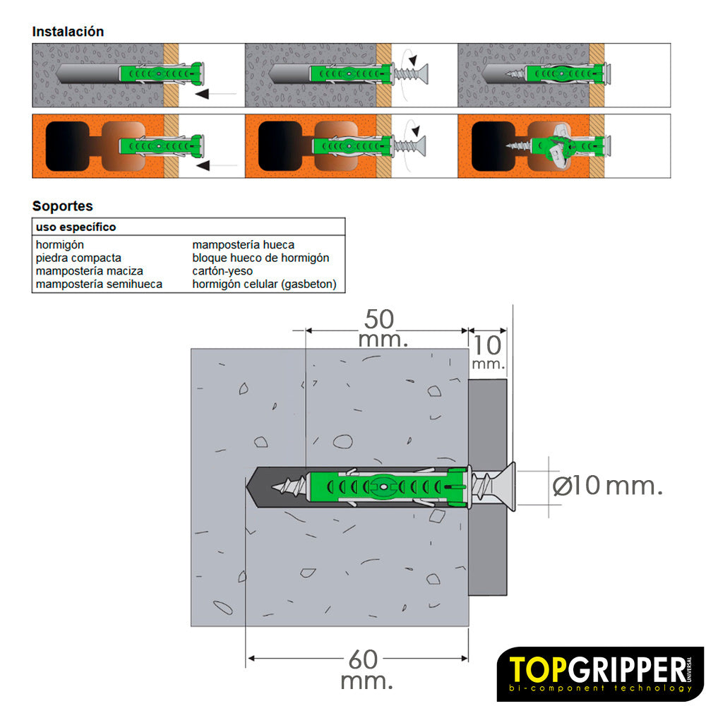 Bujão Topgripper bimatéria Ø 10 mm. (Caixa 75 unidades) Bujão de Ancoragem Universal, Bujão de Concreto, Bujão de Pladur, Bujão de Tijolo