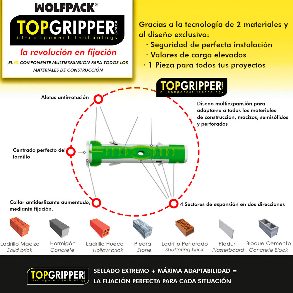 Cubo Tacos Topgripper Bimaterial Con Tornillos Ø 6 mm. 250 Piezas Taco Anclaje Universal, Taco Hormigon, Taco Pladur