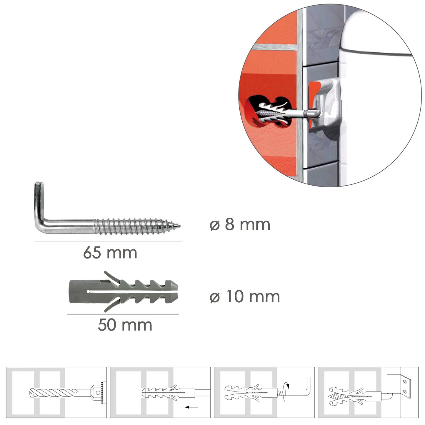 Kit Sanitário Alcayata Com Tampão de Expansão Ø 10 x 50 mm. Fixação de aquecedores / garrafa térmica de água