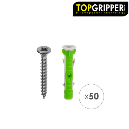 Blister Tacos Topgripper Bimaterial Con Tornillos Ø 5 mm. 50 Piezas Taco Anclaje Universal, Taco Hormigon, Taco Pladur,