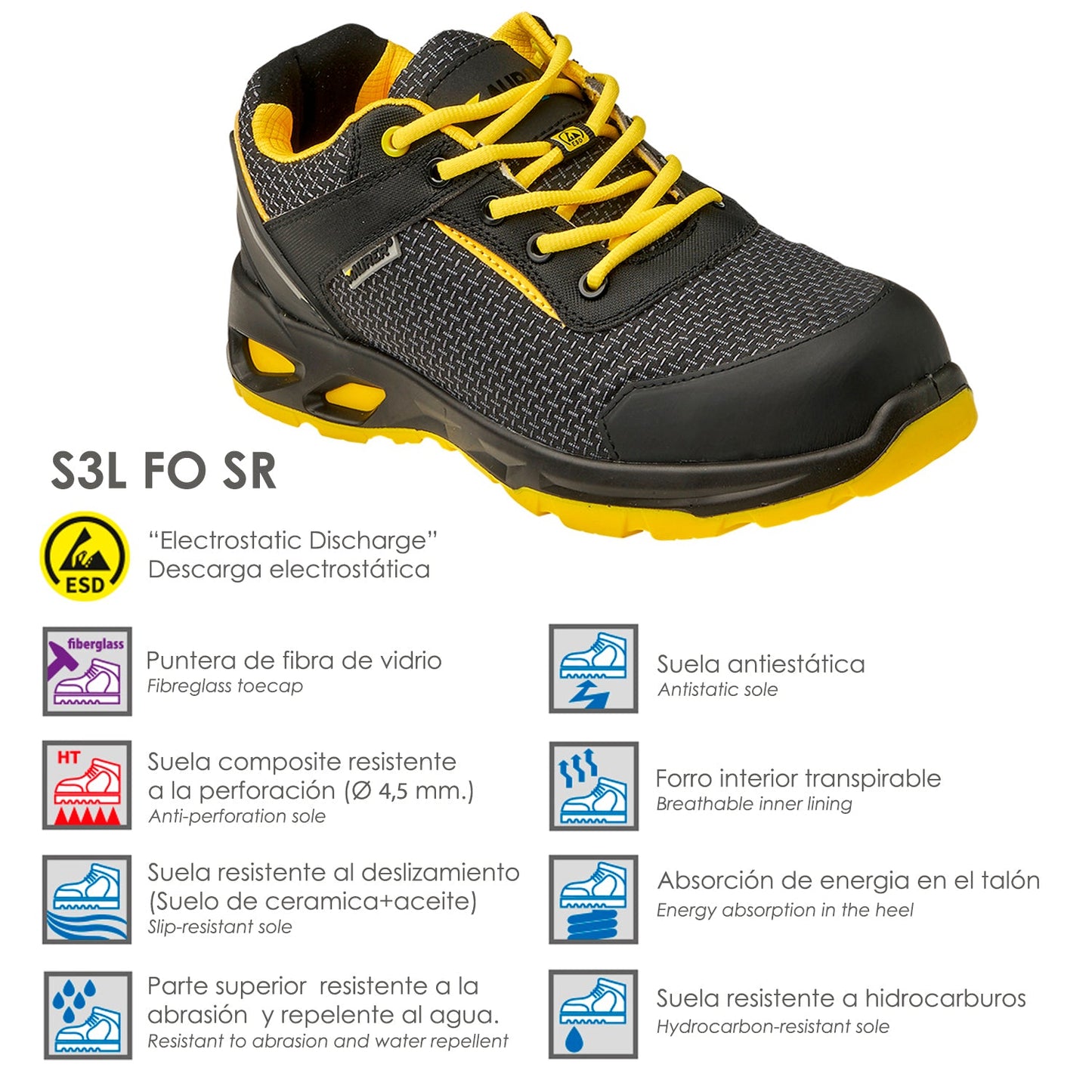 Zapatos Bajo Seguridad Maurer S3L Modelo Amerina Antideslizante con Suela Composite y Resistencia a los Hidrocarburos Talla 46