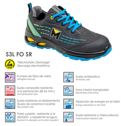 Deportiva Seguridad Maurer S3L Modelo Lapis Antideslizante con Suela Composite y Resistencia a los Hidrocarburos Talla 45.