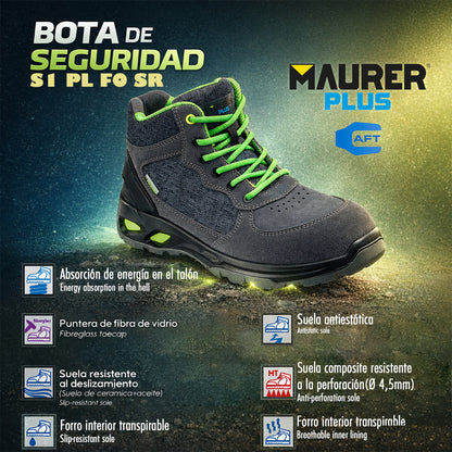 Botas Seguridad Maurer S1 Modelo Arlaz Antideslizante con suela y puntera antiperforación, Resistencia a los Hidrocarburos Nº 42