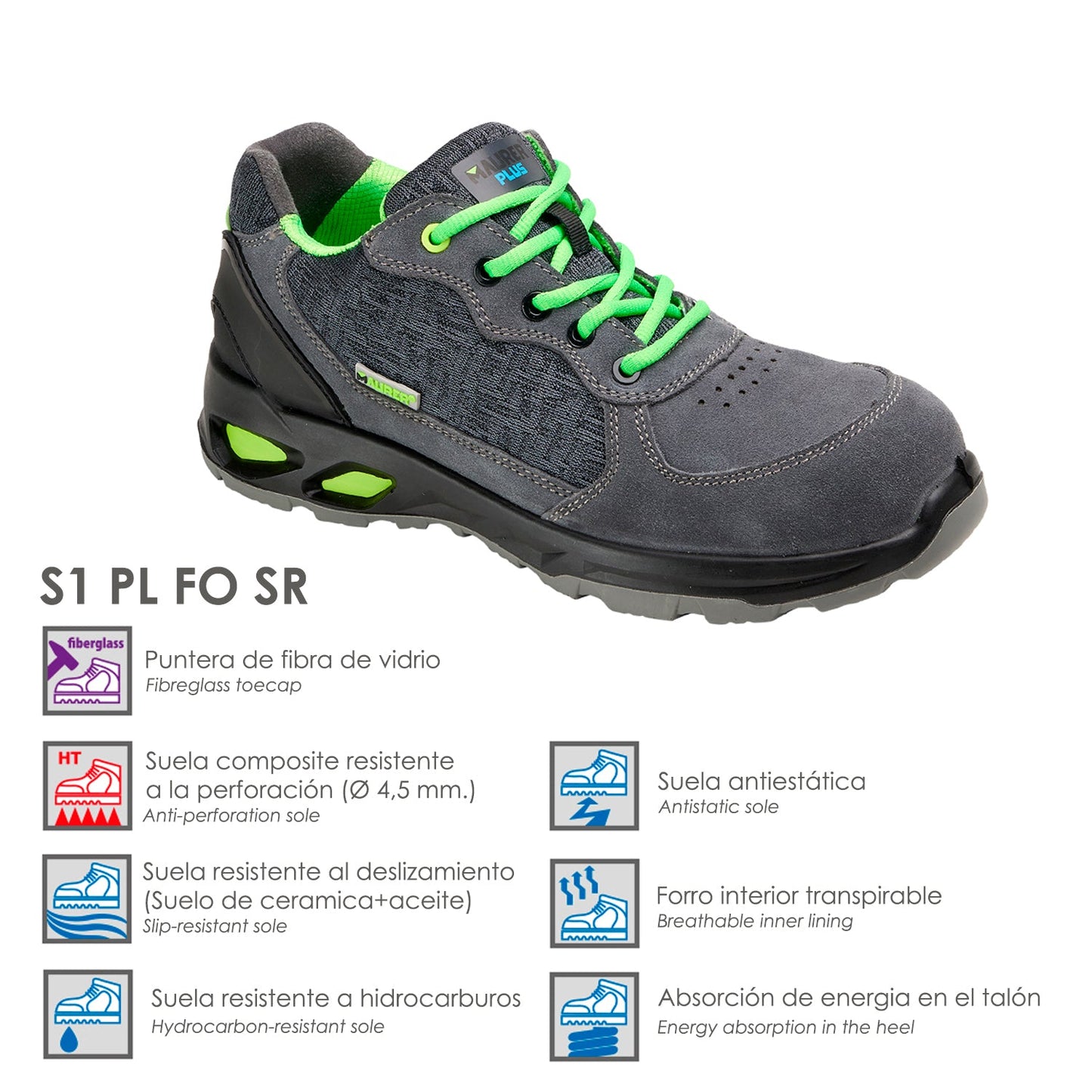 Zapatos Seguridad Maurer S1 Modelo Arlaz Antideslizante con Suela Composite y Resistencia a los Hidrocarburos. Talla 41.