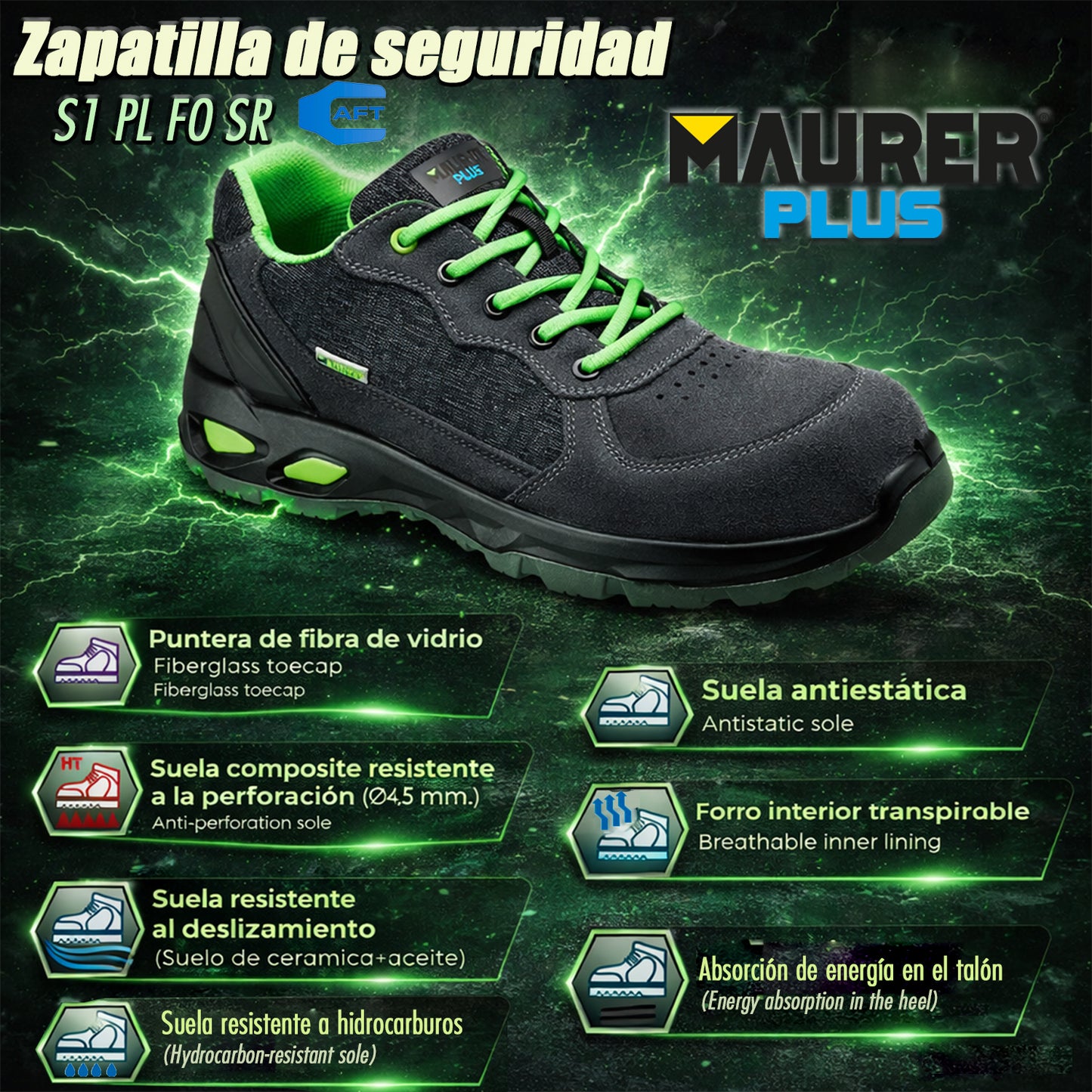 Zapatos Seguridad Maurer S1 Modelo Arlaz Antideslizante con Suela Composite y Resistencia a los Hidrocarburos. Talla 45.