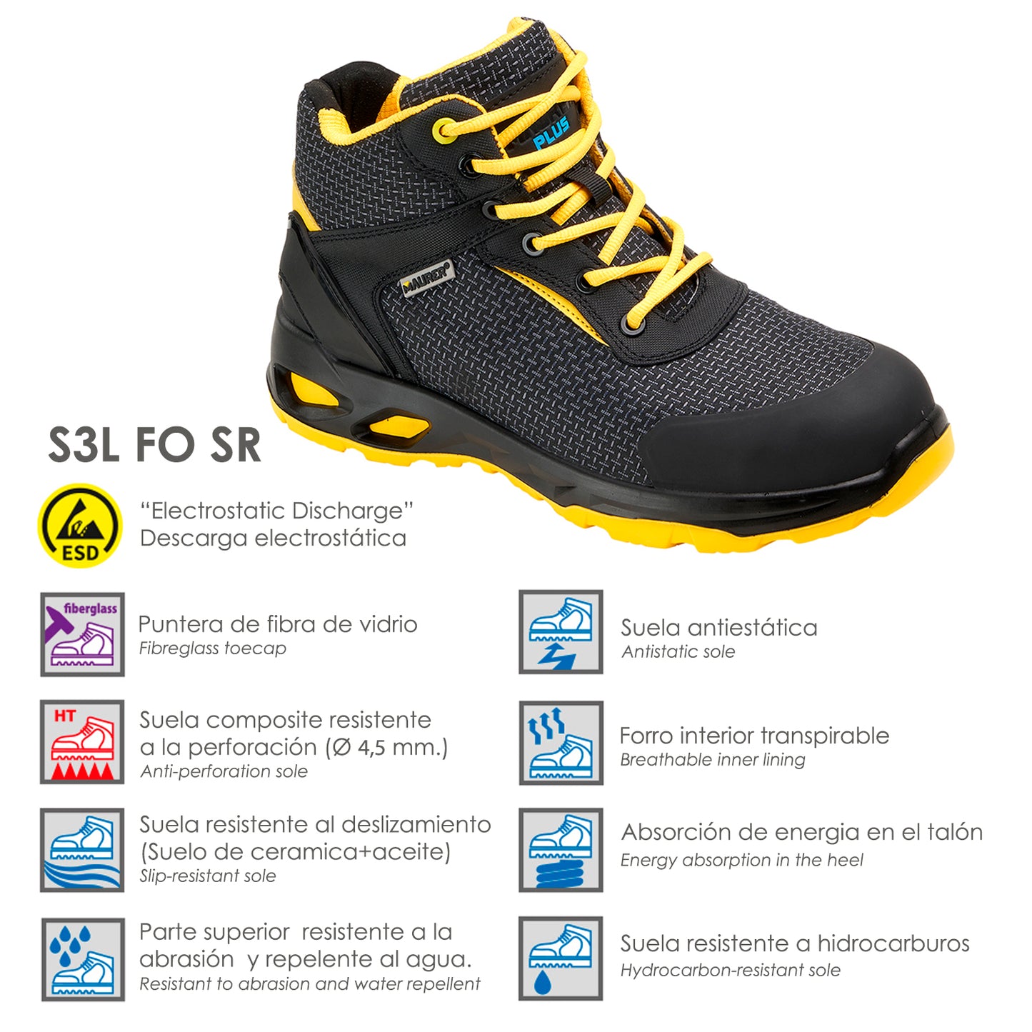 Botas Seguridad Maurer S3 Modelo Amerina Antideslizante con Suela Resistente a los Hidrocarburos. Talla 39.