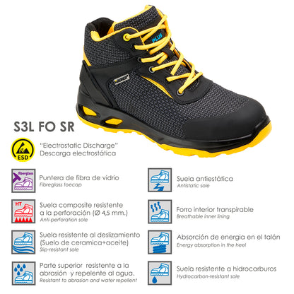 Botas Seguridad Maurer S3 Modelo Amerina Antideslizante con Suela Resistente a los Hidrocarburos. Talla 39.