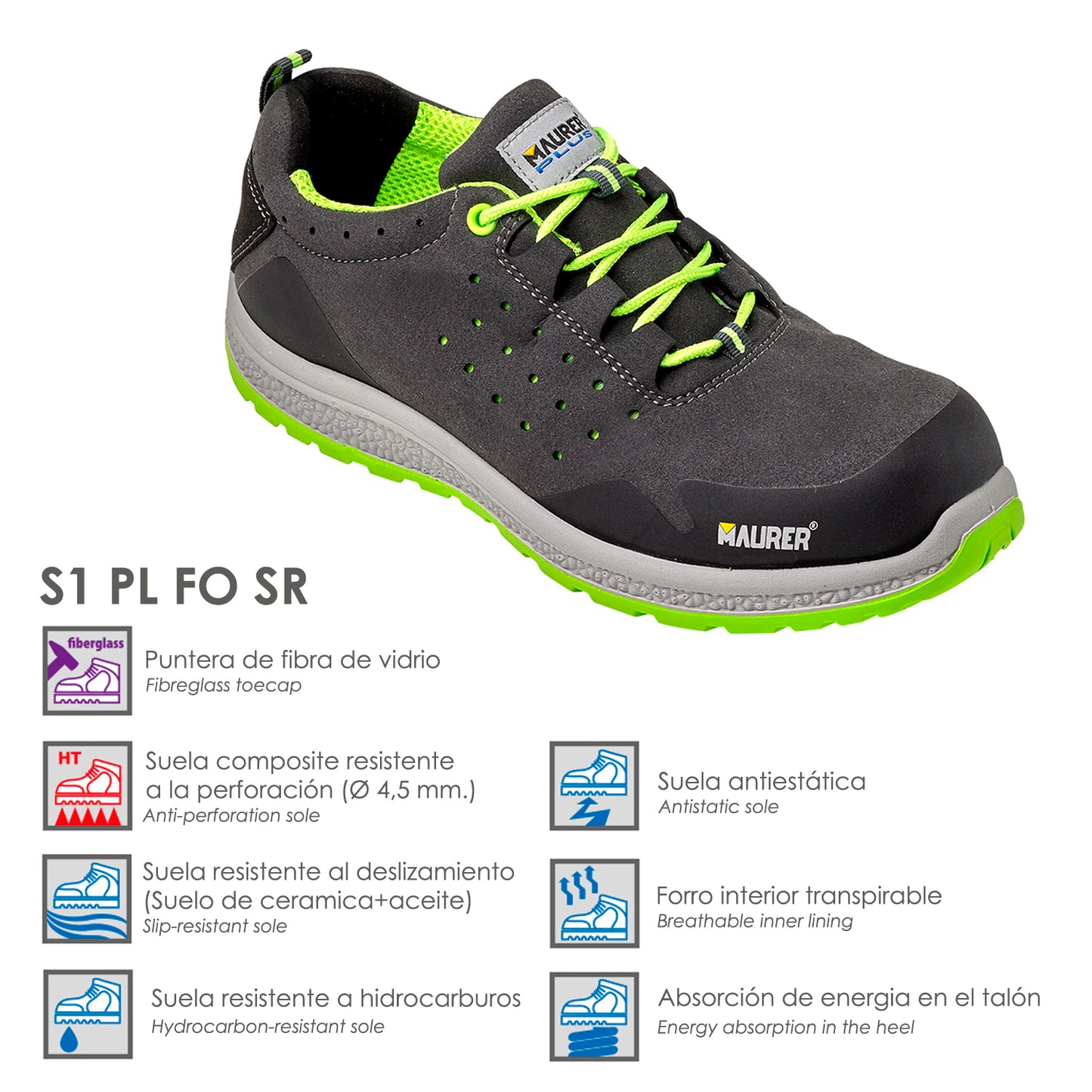 Deportiva Seguridad Maurer S1 Modelo Resia Antideslizante con Suela Composite y Resistencia a los Hidrocarburos Talla 42.