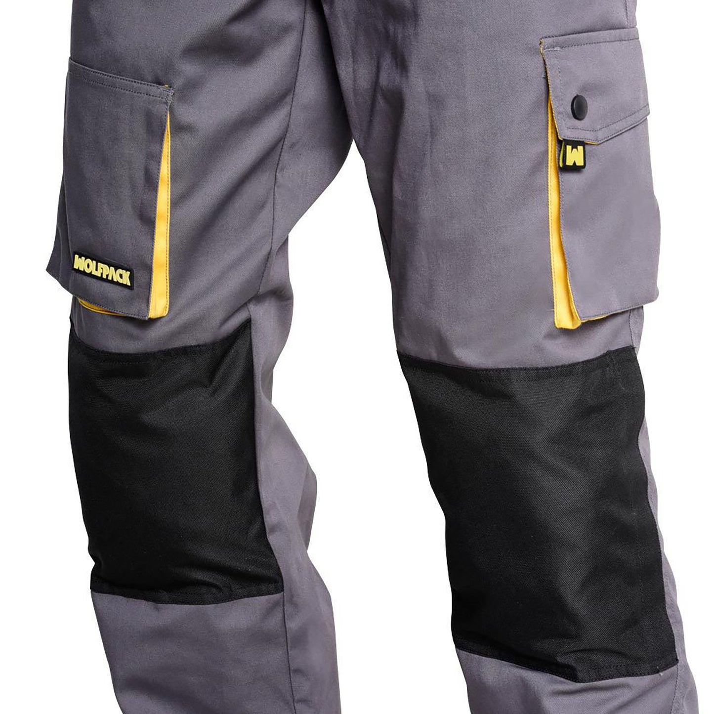 Pantalones Largos DeTrabajo, Multibolsillos, Resistentes, Rodilla Reforzada, Gris/Amarillo Talla 46/48 L (Slim Fit)