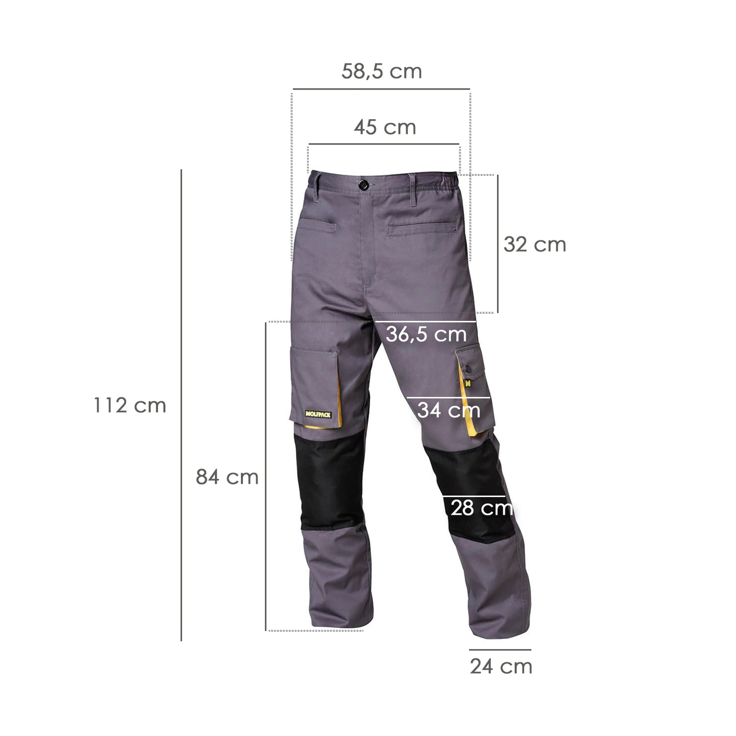 Calça de Trabalho Longa, Multi-bolsos, Resistente, Joelho Reforçado, Cinza/Amarelo Tamanho 50/52 XL