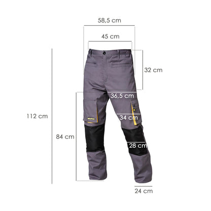 Calça de Trabalho Longa, Multi-bolsos, Resistente, Joelho Reforçado, Cinza/Amarelo Tamanho 50/52 XL