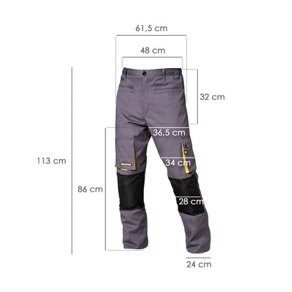 Calça de Trabalho Longa, Multi-bolsos, Resistente, Joelho Reforçado, Cinza/Amarelo Tamanho 54/56 XXL