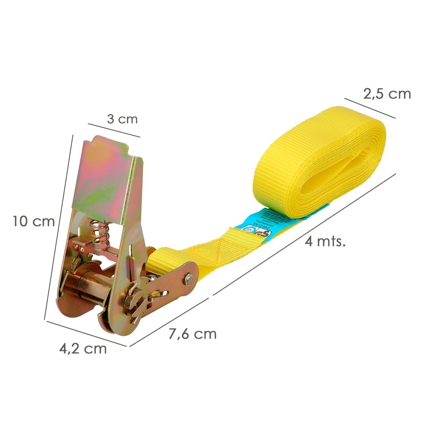Cinta De Amarre Con Ratchet 4 metros x 25 mm. Trinquete Metalico Automatico, Cincha, Eslinga Mercancia, Correa Sujeción