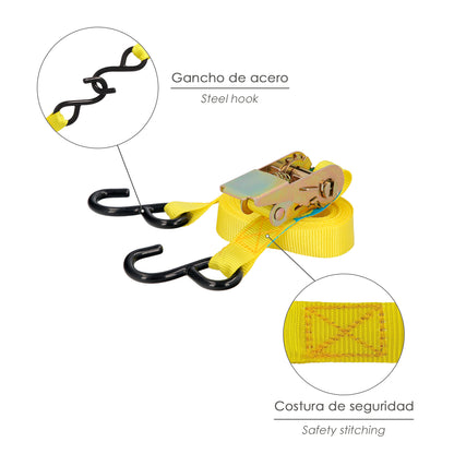 Cinta De Amarre Con Ratchet 4 metros x 25 mm. Trinquete Metalico Automatico, Cincha, Eslinga Mercancia, Correa Sujeción (Pack 2)