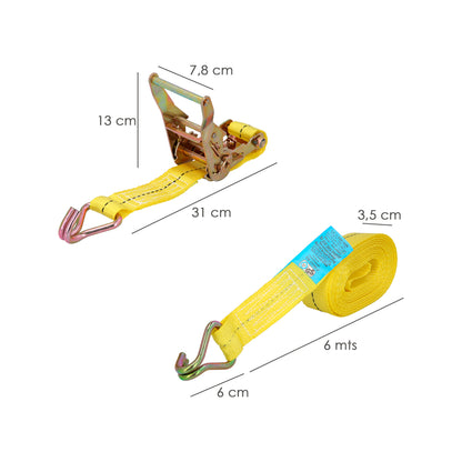 Cinta De Amarre Con Ratchet 6 metros x 38 mm. Trinquete Metalico Automatico, Cincha, Eslinga Mercancia, Correa Sujeción