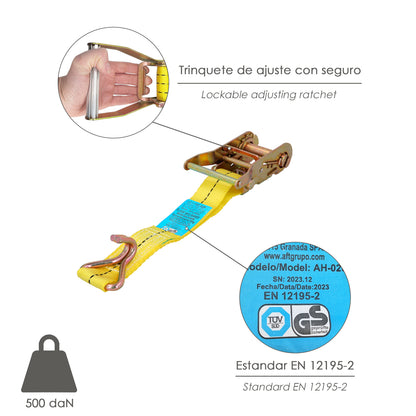 Cinta De Amarre Con Ratchet 6 metros x 38 mm. Trinquete Metalico Automatico, Cincha, Eslinga Mercancia, Correa Sujeción