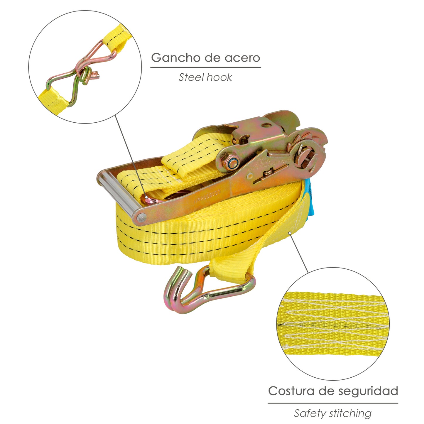 Cinta De Amarre Con Ratchet 9 metros x 50 mm. Trinquete Metalico Automatico, Cincha, Eslinga Mercancia, Correa Sujeción