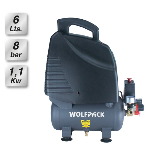 Compressor de ar Wolfpack 6 litros / 8 barras / 1,1 Kw - 1,5 HP isento de óleo