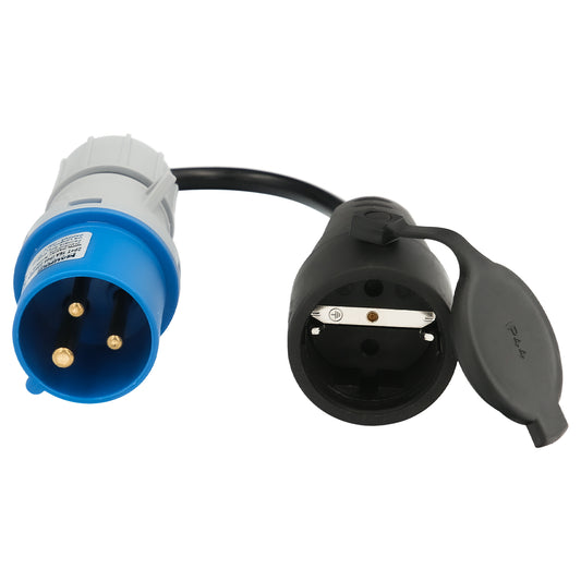 Adaptador de tomada CEE para Schuko, 2 pólos + Terra. máx. 16A. 230V