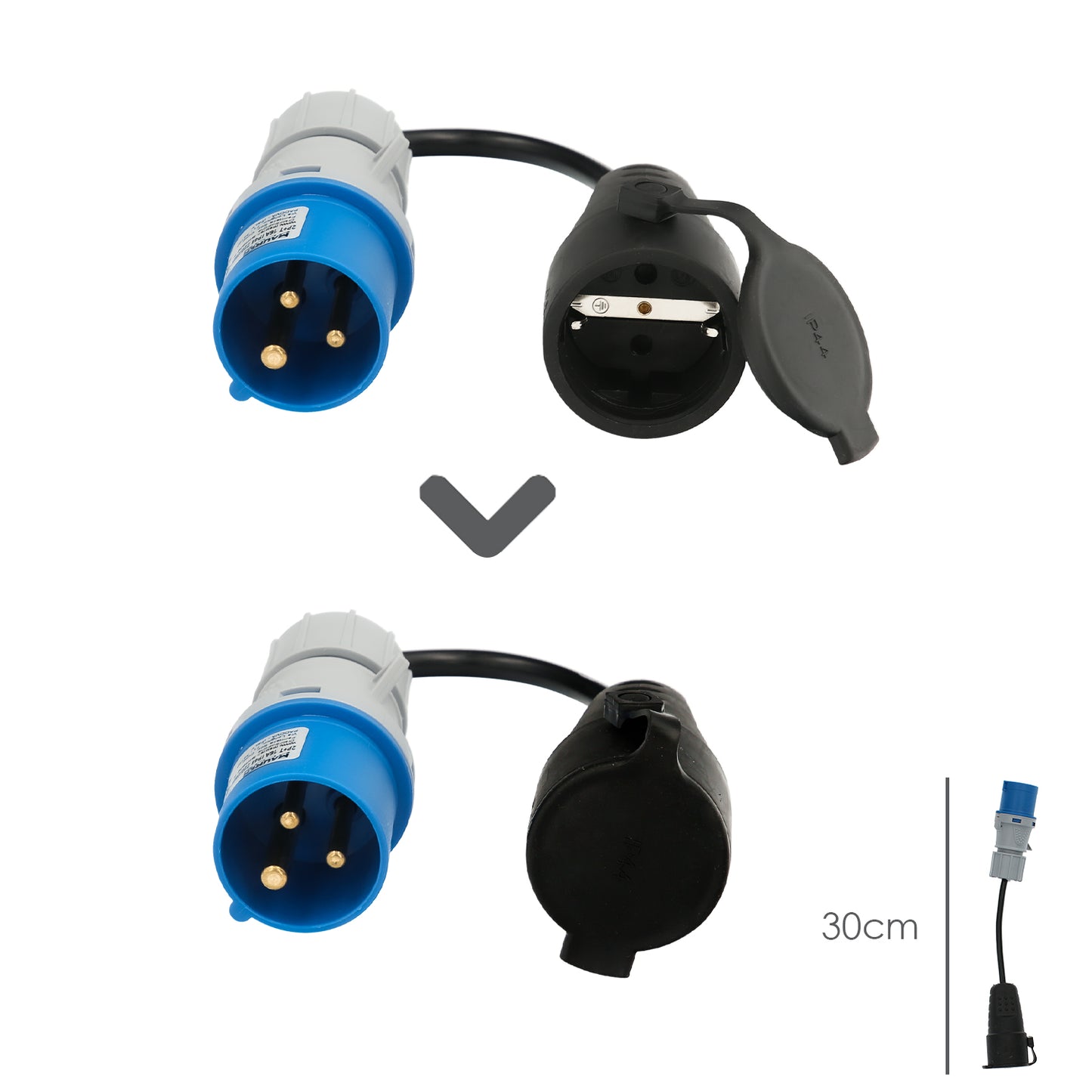 Adaptador de tomada CEE para Schuko, 2 pólos + Terra. máx. 16A. 230V