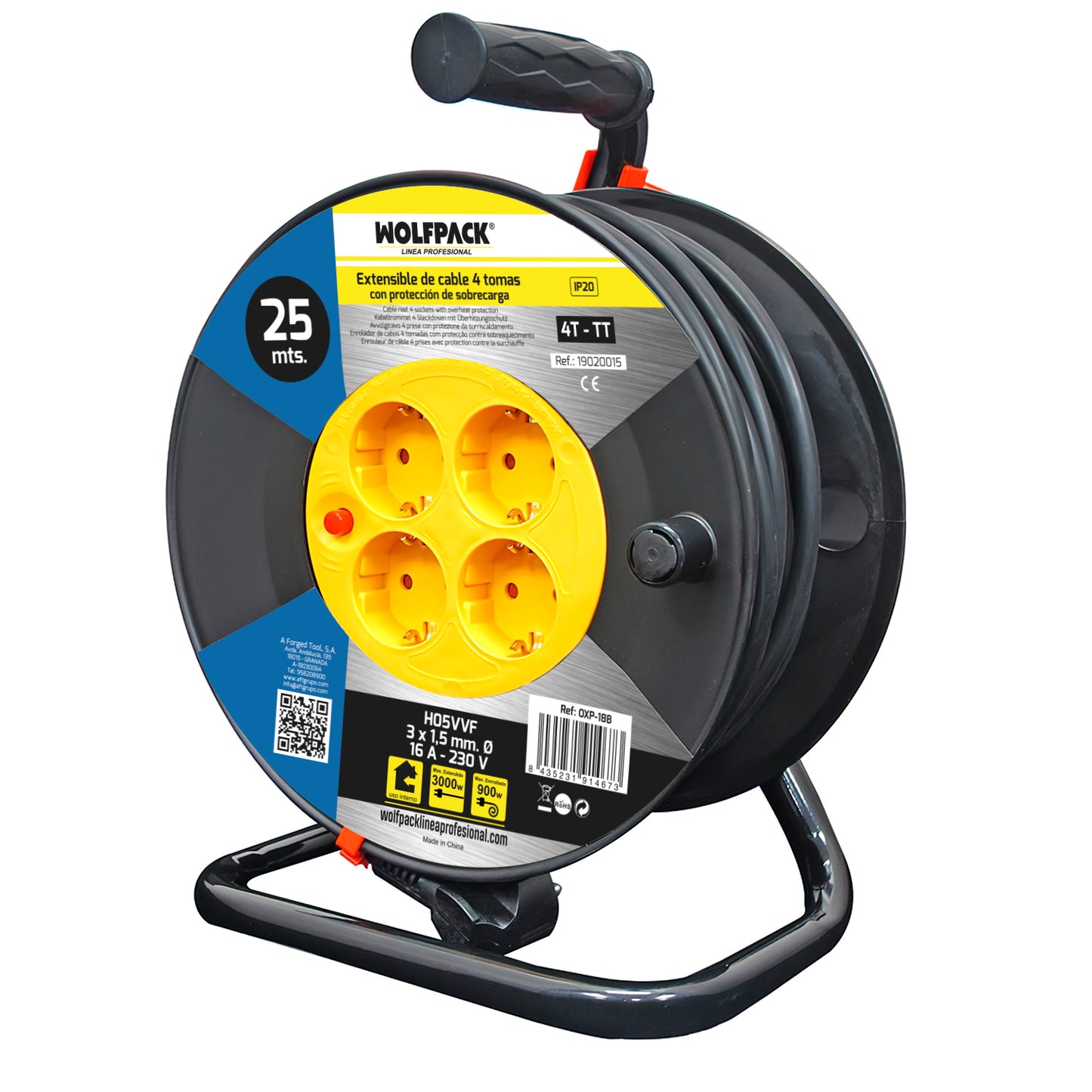 Industrial extensível 4 tomadas 25 metros 3 x 1,5 mm. com proteção contra sobrecarga